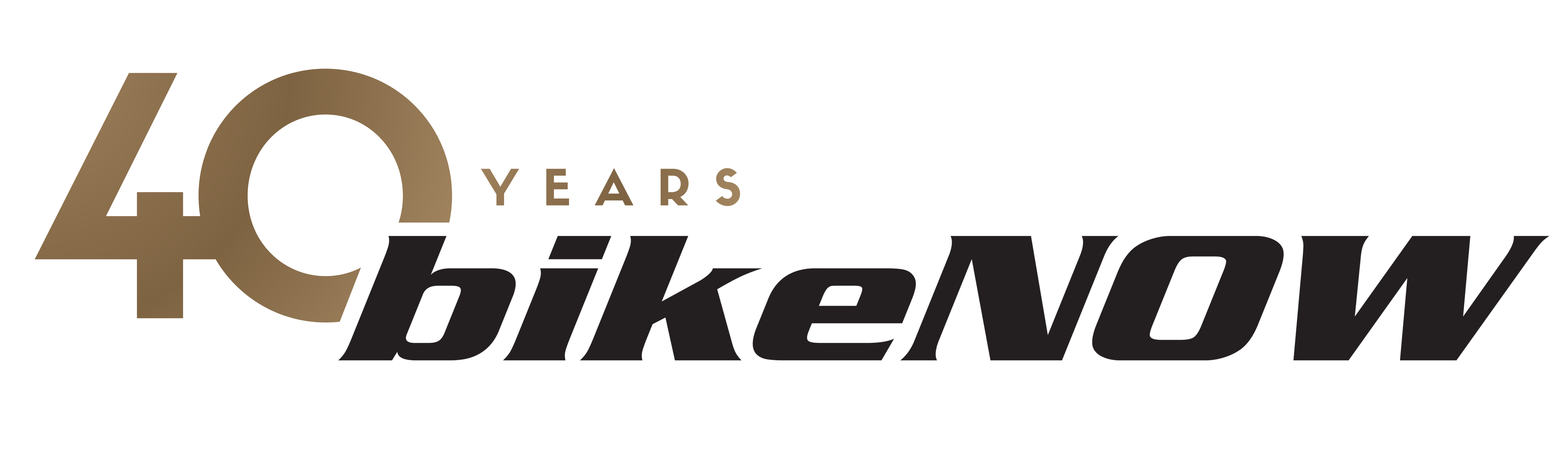 A graphic logo reading '40 YEARS bikeNOW' on a plain white background, with '40' in tan and 'bikeNOW' in black.
